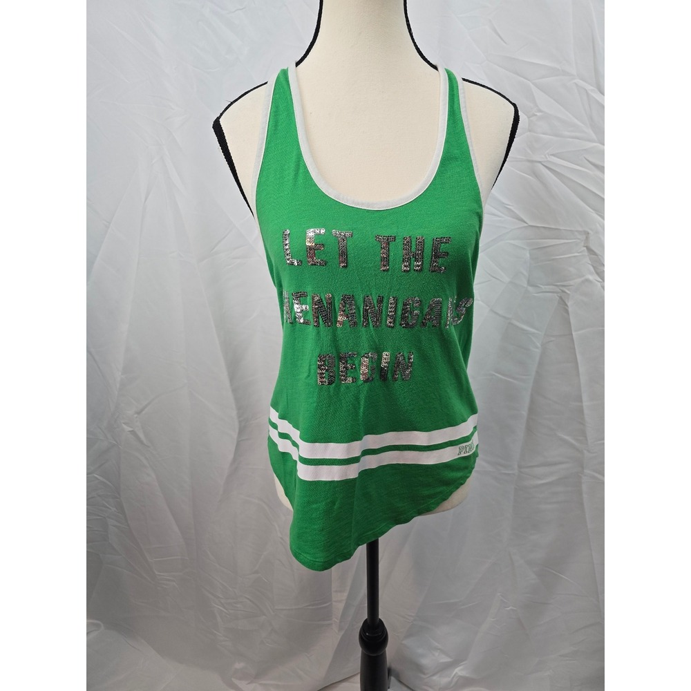 PINK Victorias‎ Secret Green Sequin Let the Shenanigans Begin Racerback Tank  S